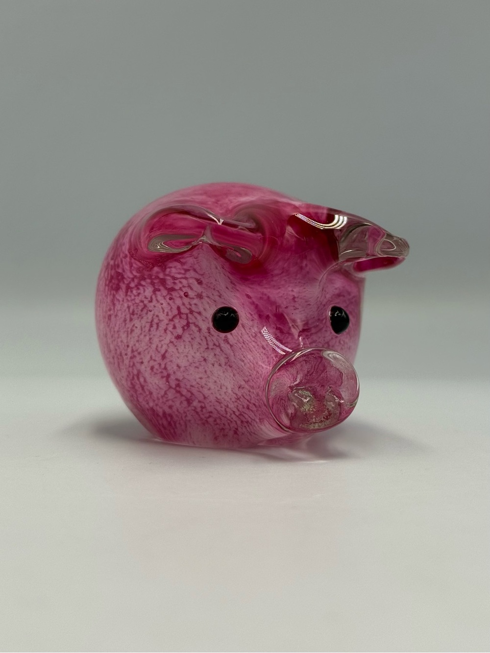 Hand Blown Art Glass Pig Figurine Paperweight Pink White Swirl Clear Mini 3"